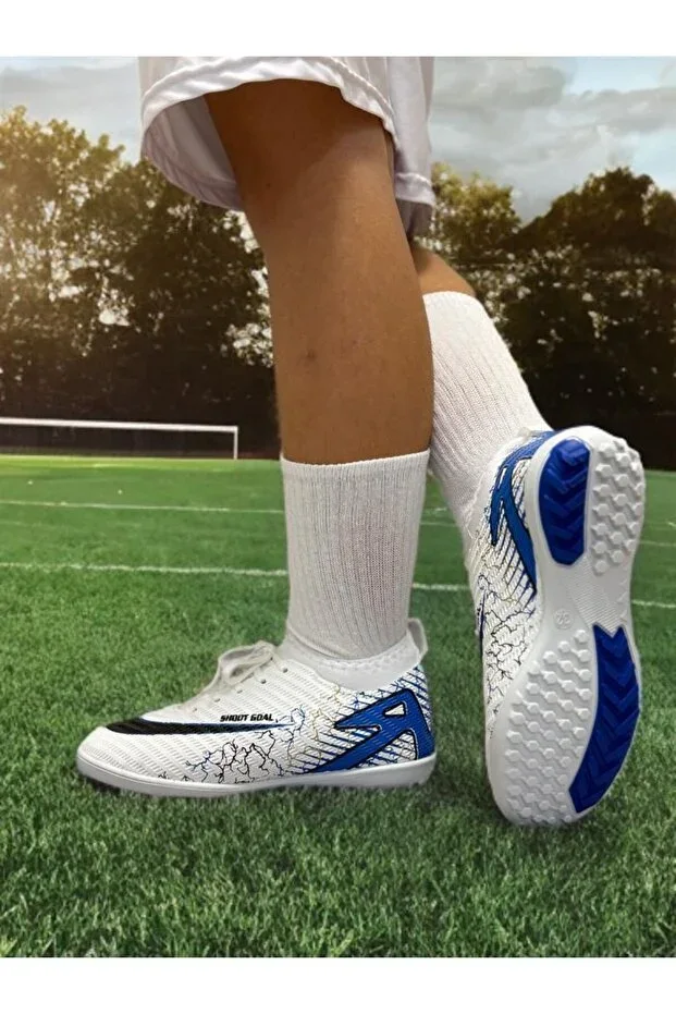 Boys' Cleat Socks Indoor Football Flat Football Shoes (White-Blue Color)--Filet-Garson