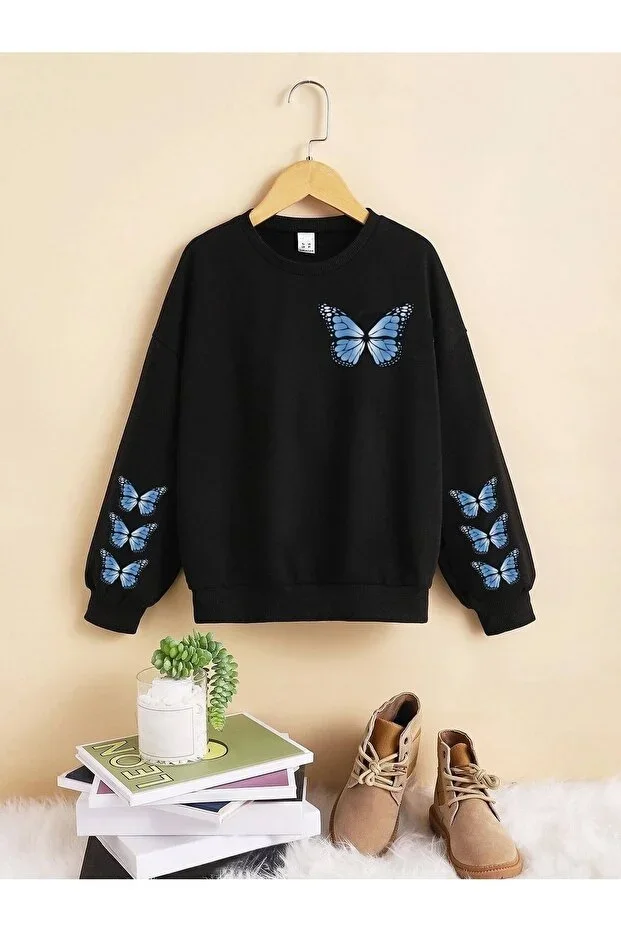 Black Blue Butterfly Print Girl Sweatshirt