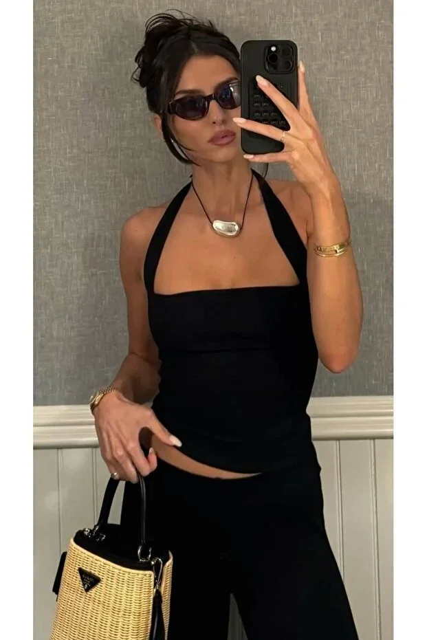 Black Bustier Bodysuit Viscose Fabric Neck Strap Slim Fit