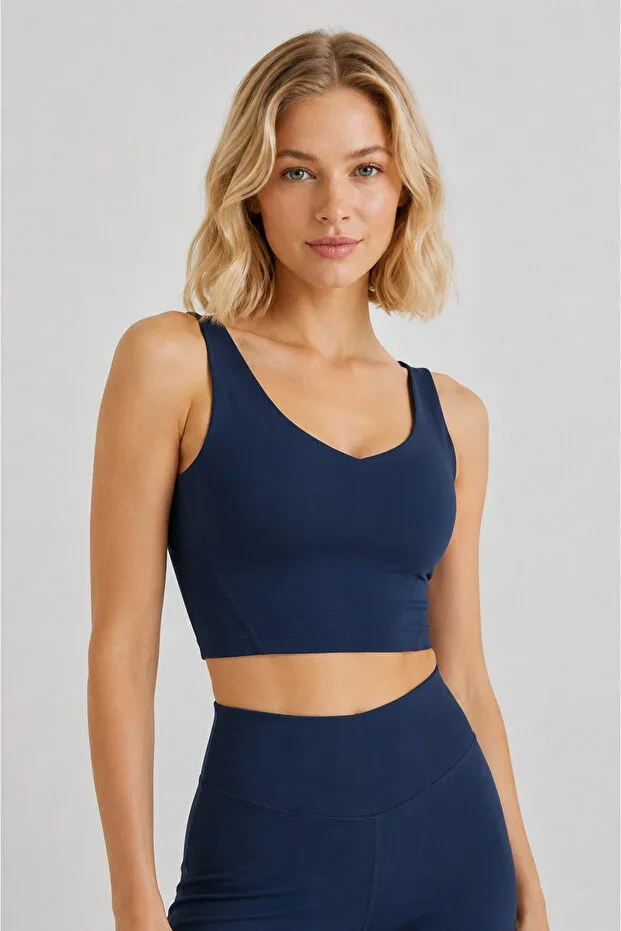 Women's Navy Blue V-Neck Light Support Padded Sports Bra