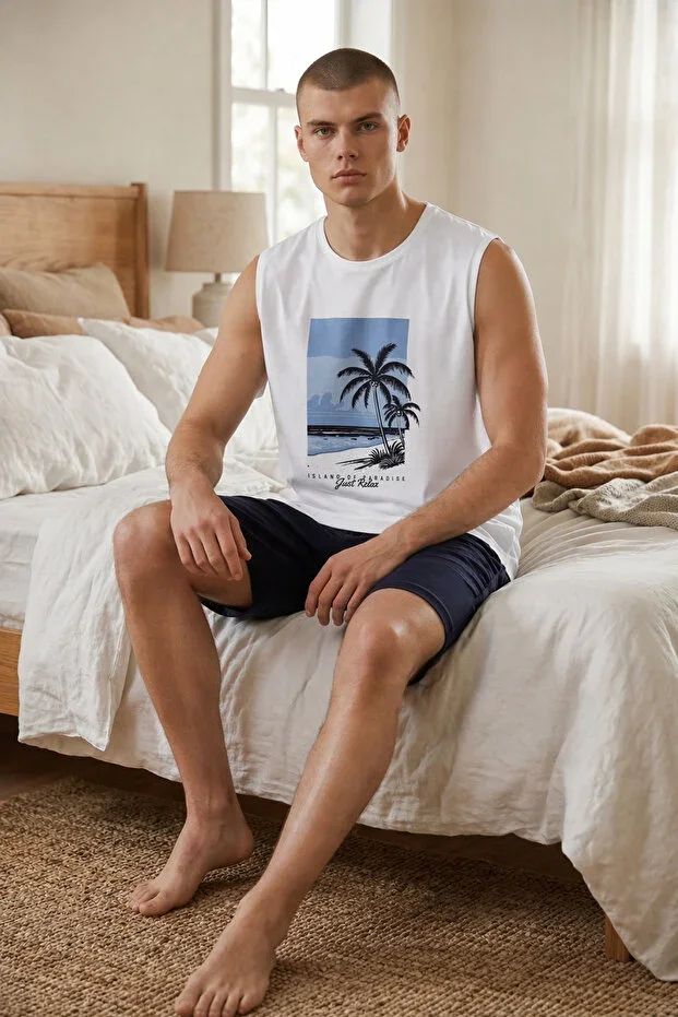 Men's Cotton Sleeveless Print Detailed Shorts Pajama Set