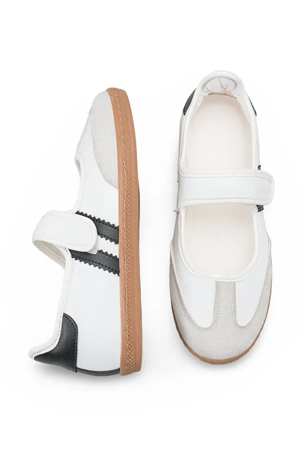 White Black Sports Ballet Flats Velcro Flat Sole Retro Sneaker Women's Shoes