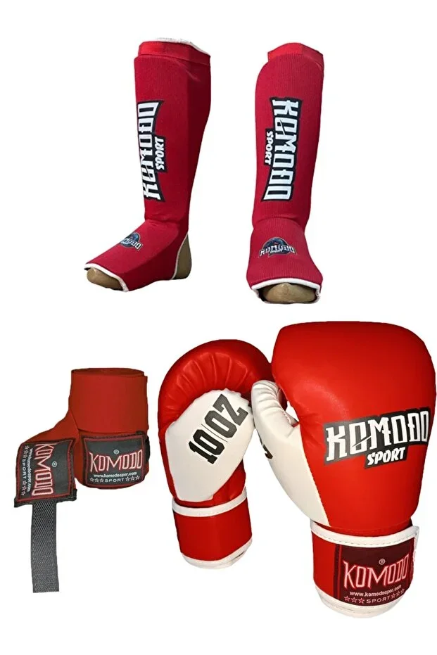 Boxing Gloves 8 OZ / Bandage 3.5 Meters / Elastic Kickboxing Shin and Instep Protector Set
