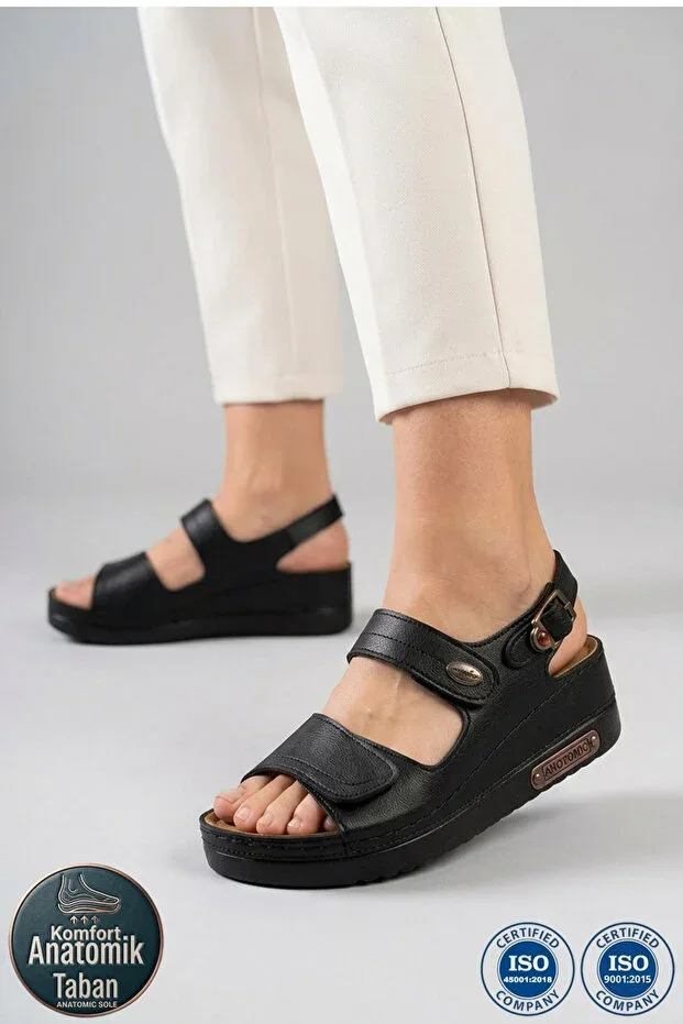 Women's Orthopedic Anatomical Sole Double Strap Velcro Back Buckle Daily Sandal Te