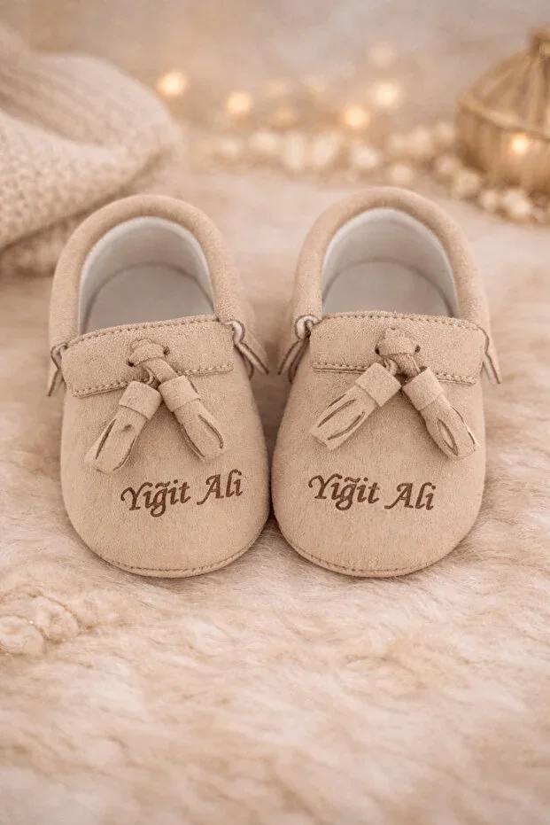 Personalized Name Baby Boy Tassel Beige First Step Shoes