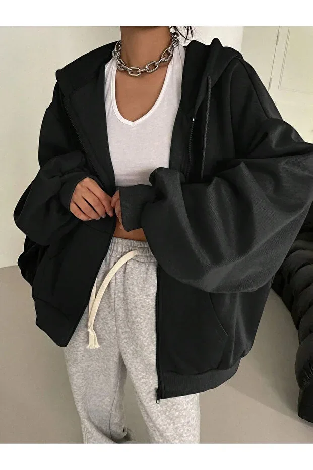 Women's Black Balloon Sleeve Cardigan Hooded Full Zip Pockets 100% Cotton Winter
