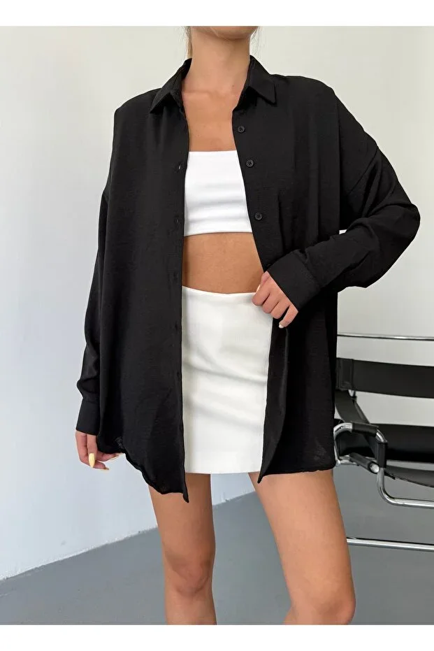 COMBİNE MİCHAİL Women Black Oversize Linen Ayrobin Shirt