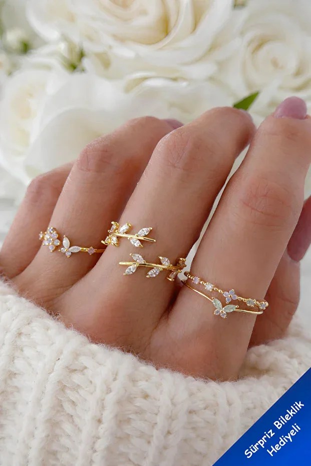 4-Piece Set Butterfly Flower Detailed Joint Gold Stone Ring Set