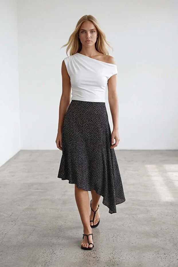 Women's Black Polka Dot Asymmetric Cut Partially Lined Knit Skirt Alc-X15466
