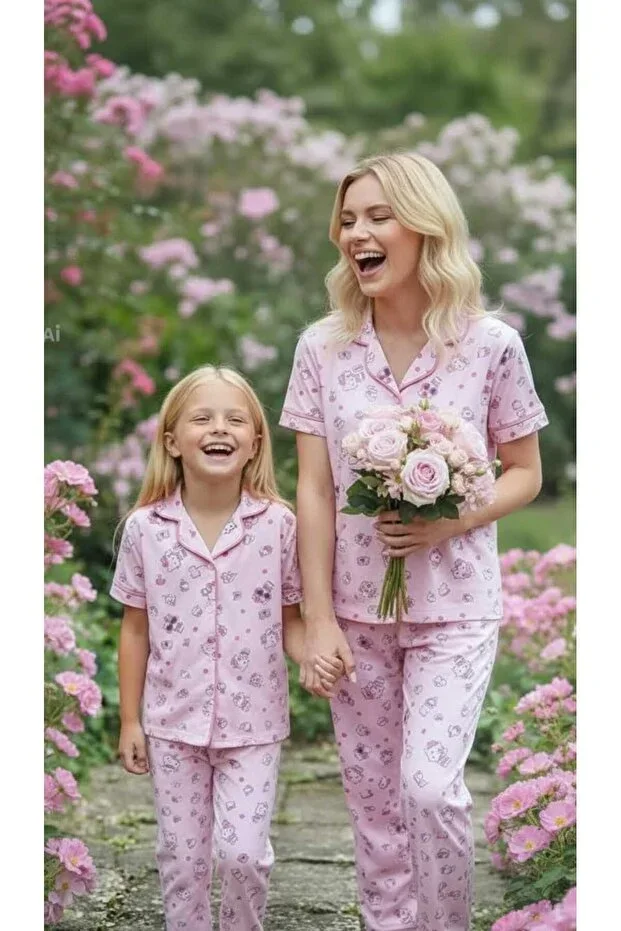 Hello Kitty Licensed Mother & Daughter Pink Shirt Collar Buttoned Pajama Set Very Soft 100% Cotton (SOLD SEPARATELY)