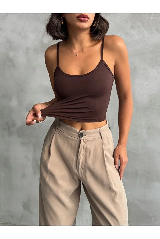 Women's Coffee Scuba Fabric String Strap Crop Top