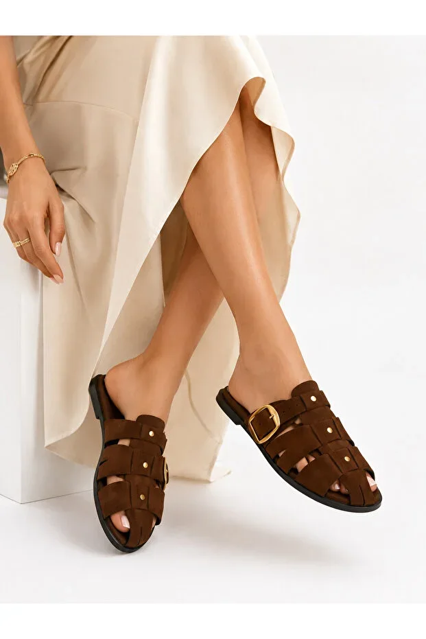 Suede Belt Detailed Gold Buckle Flat Sole Summer Comfortable Women's Cage Slipper