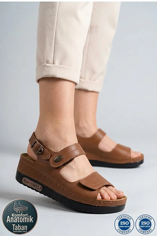 Women's Orthopedic Anatomical Sole Double Strap Velcro Back Buckle Daily Sandal Te