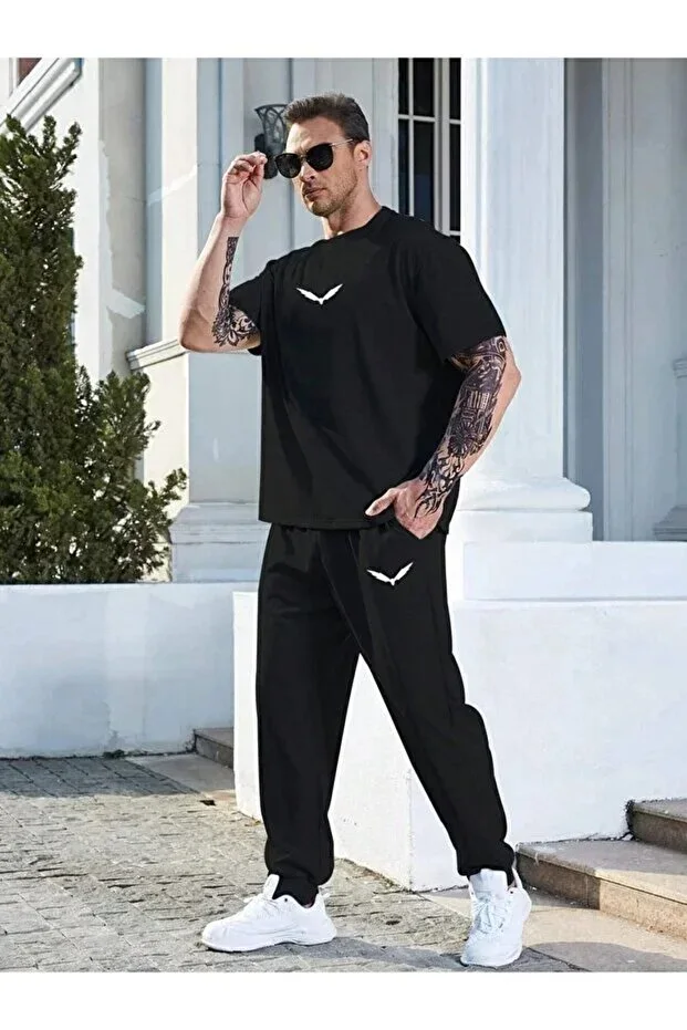 Wings T-shirt Sweatpants Jogger - Black Printed Top Bottom Tracksuit Oversize Round Neck
