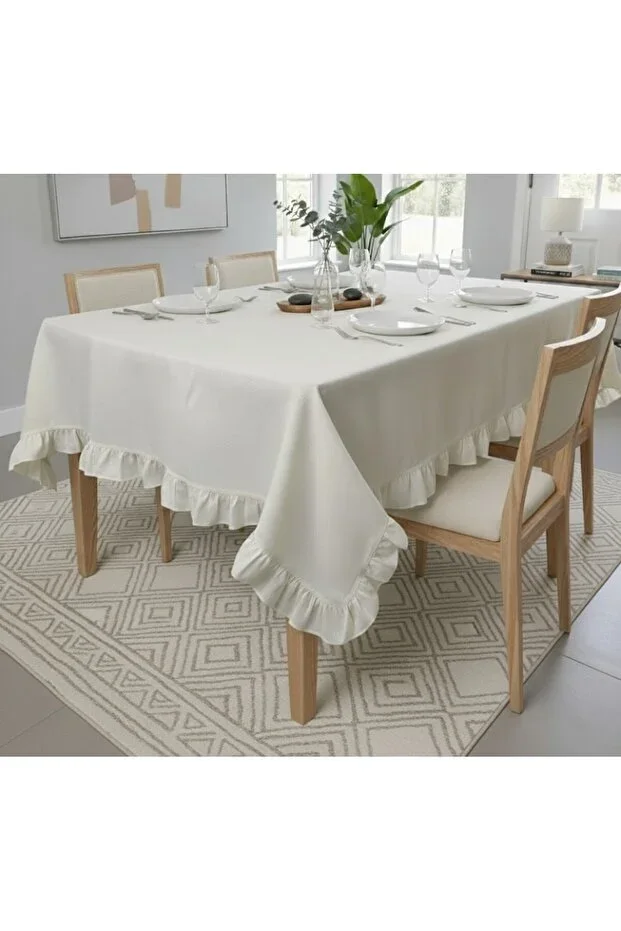 %100 Cotton Linen Ruffled Tablecloth - Kitchen Living Room Tablecloth