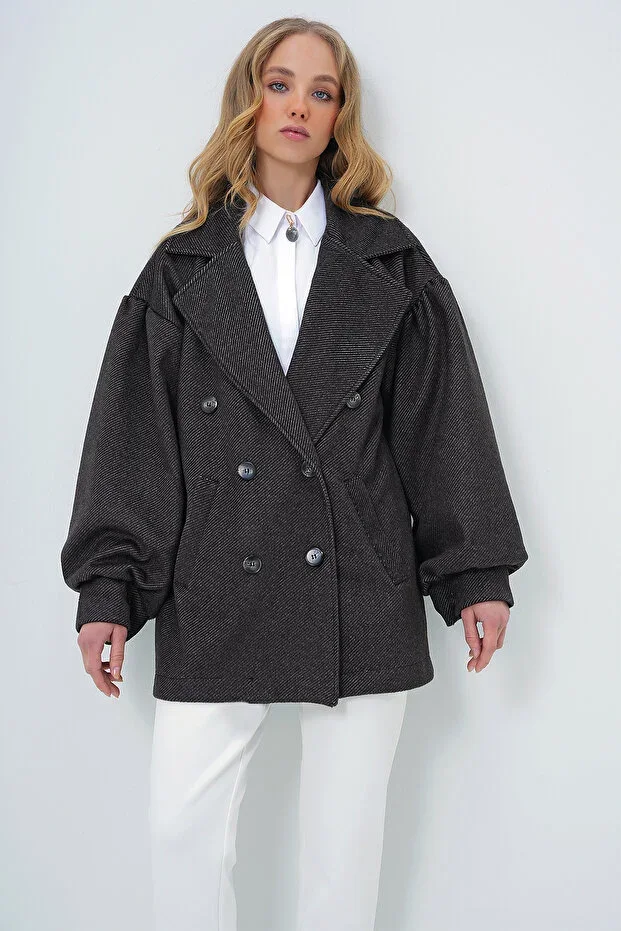 Women's Anthracite Crossover Neck Balloon Sleeve Wool Coat ALC-X10913