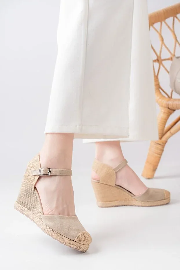 Suede Woven Nude Wedge Heel Shoes