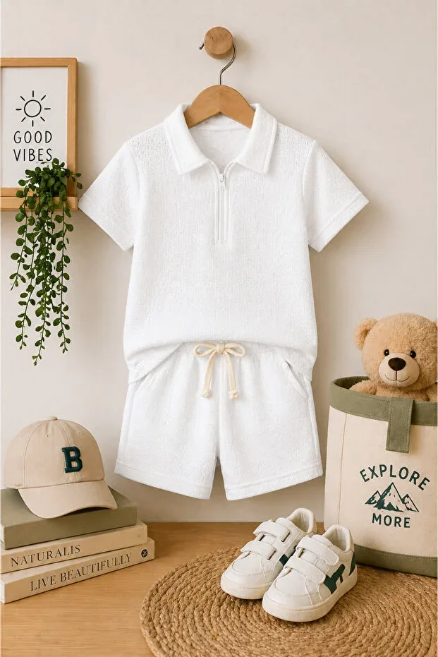 Solid Color Zippered Waffle Fabric Shorts Set for Kids