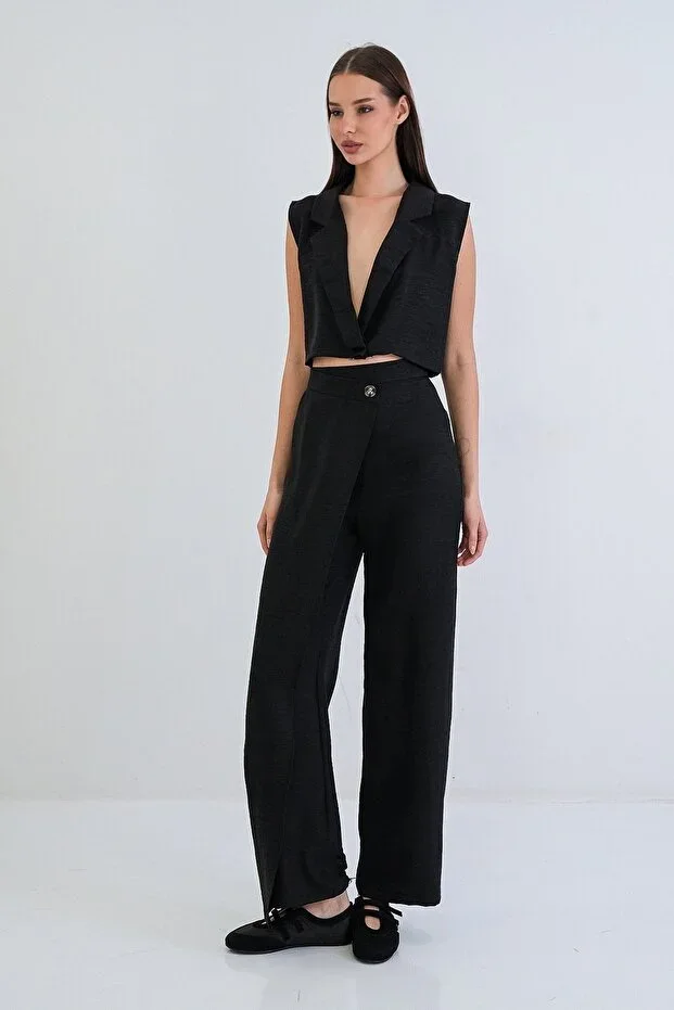 Black Sofia Linen Vest And Wrap Cut High Waist Zippered Pants Set ALC-X15300