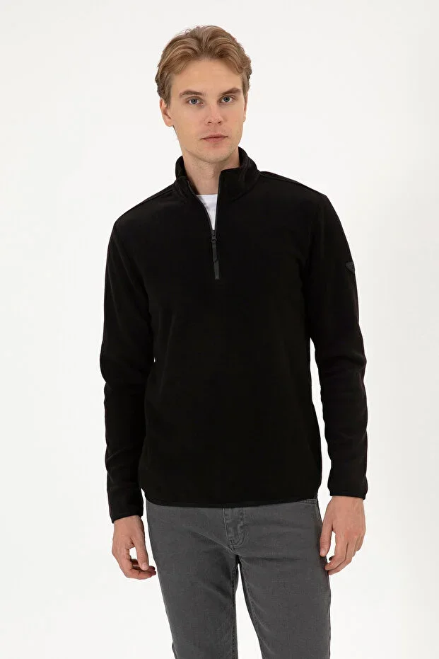 Men's Regular Fit Black Polar Half-Zip Basic Sweatshirt 50313777-VR046