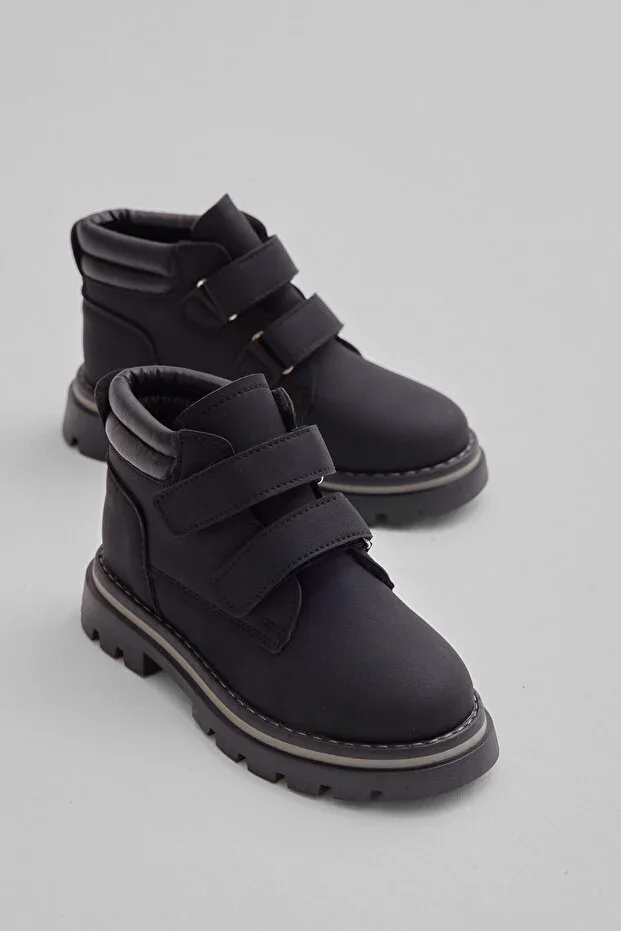 Children Unisex Black Black Thick Thermo Sole Warm Lined Double Velcro Boots