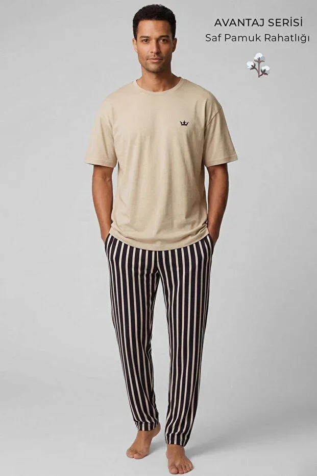 Aytuğ&Mısırlı Men's Cotton Striped Pajama Set Beige-Bitter Coffee