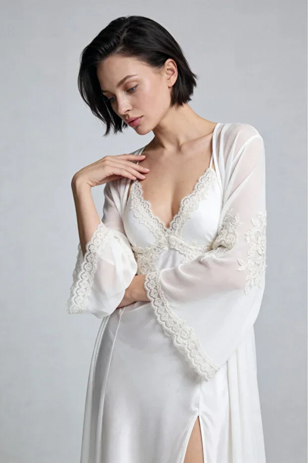 MAISON BRIDE ÉLİSE SABAHLIK - Ecru Lace Detailed Long Tulle Robe