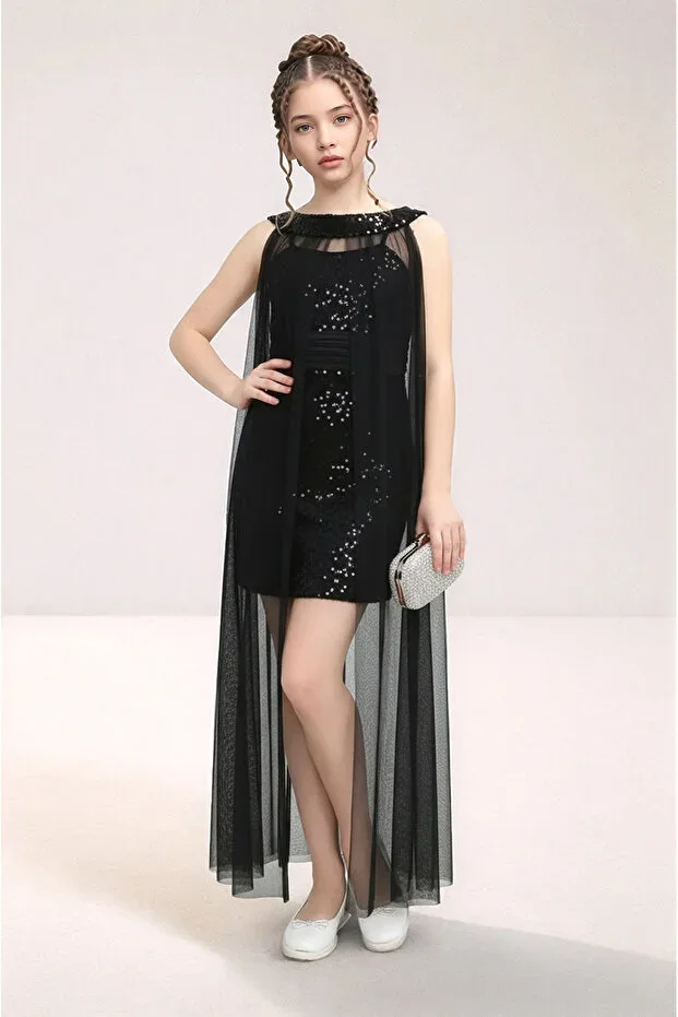Girls' Full Length Tulle Detail Chic Sequin Embroidered Black Evening Graduation Dress