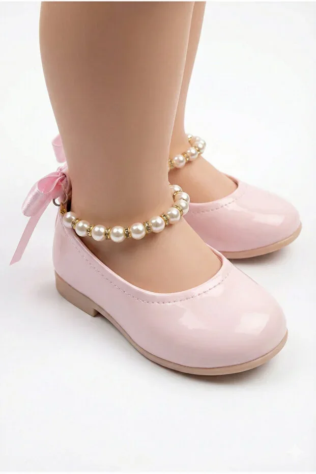 Pink Patent Ankle Pearl Detailed Bow Ribbon Girl Child Ballet Flats