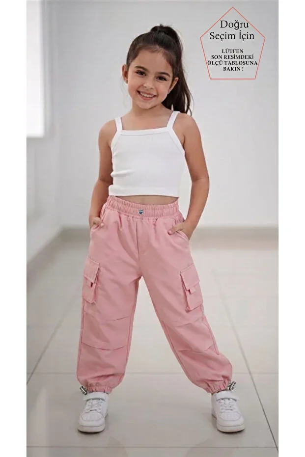 Girl's Pink Parachute Pants with Adjustable Waistband and Hem