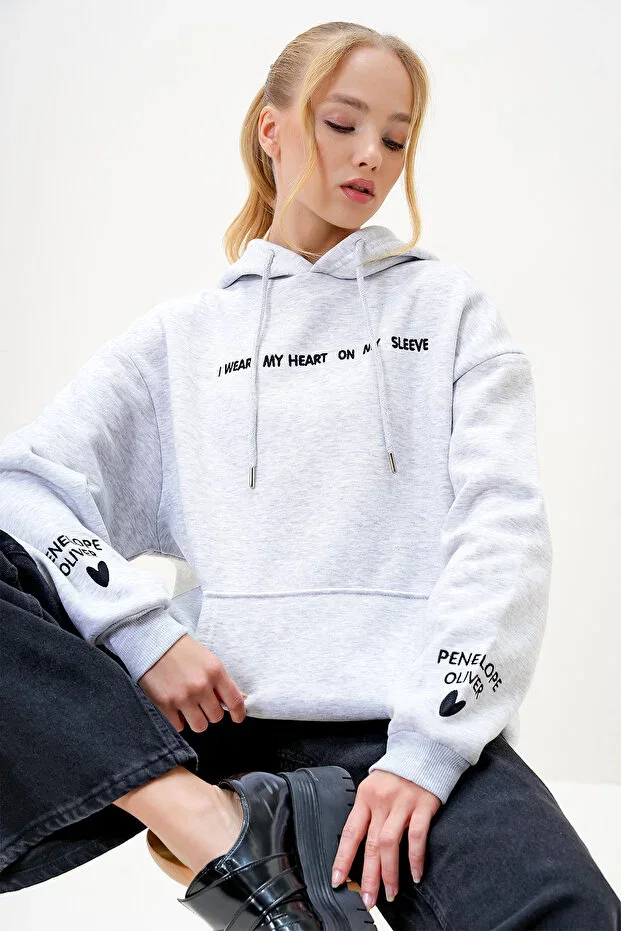 Women's Heather Grey Hooded Sweatshirt with Front and Sleeve Embroidery, 3-Thread Fleece-Lined ALC-X13077