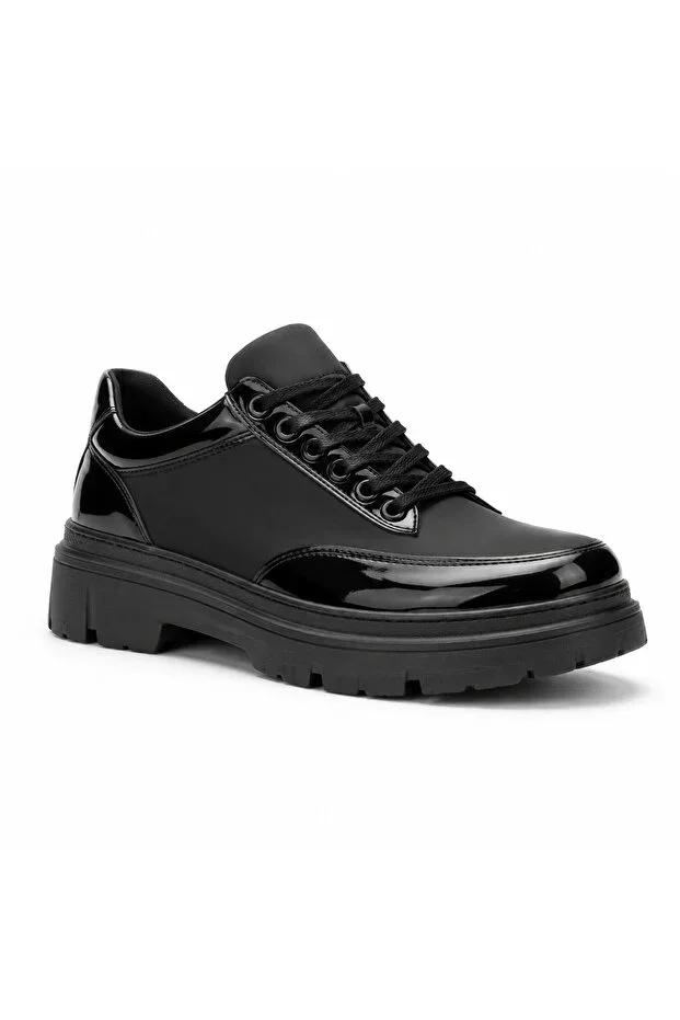 Black Patent Leather Parachute Detail Men's Shoes - Height Increasing High Sole Lace-up Sporty Luxury Sneaker BA0243