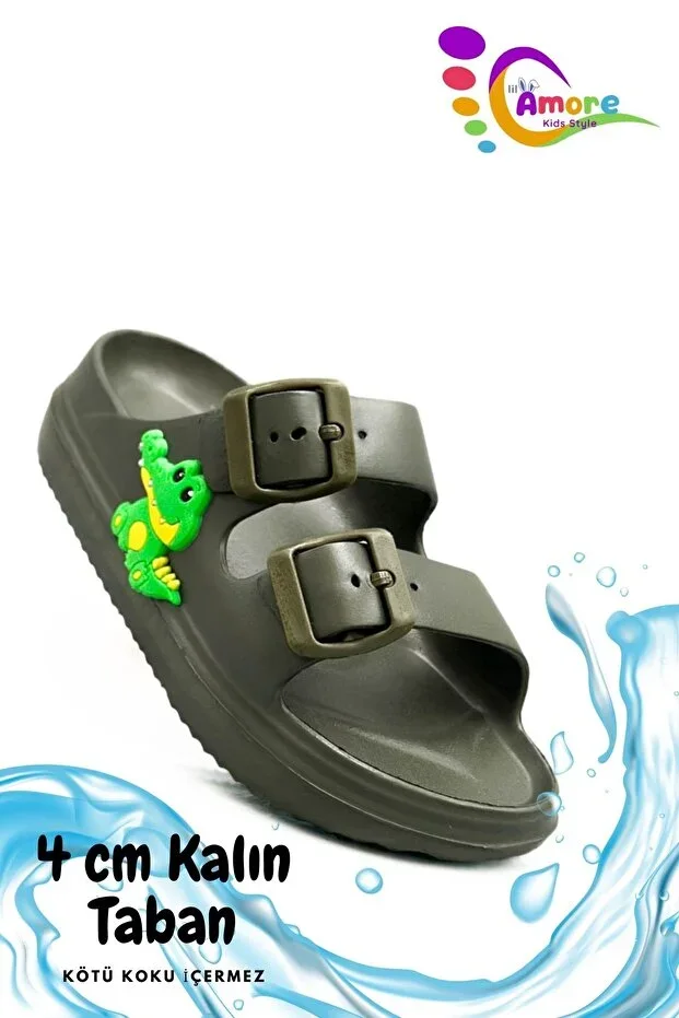 Double Buckle Lightweight Eva Summer Beach Kids Slippers Pool Slippers Sink Slippers T Khaki