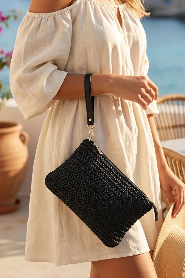 Natural Straw Woven Medium Size Women's Summer Portfolio Clutch Bag