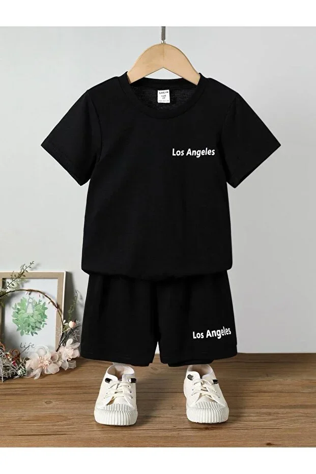 Summer Los Angeles Printed Girls Boys Black Shorts T-Shirt Set