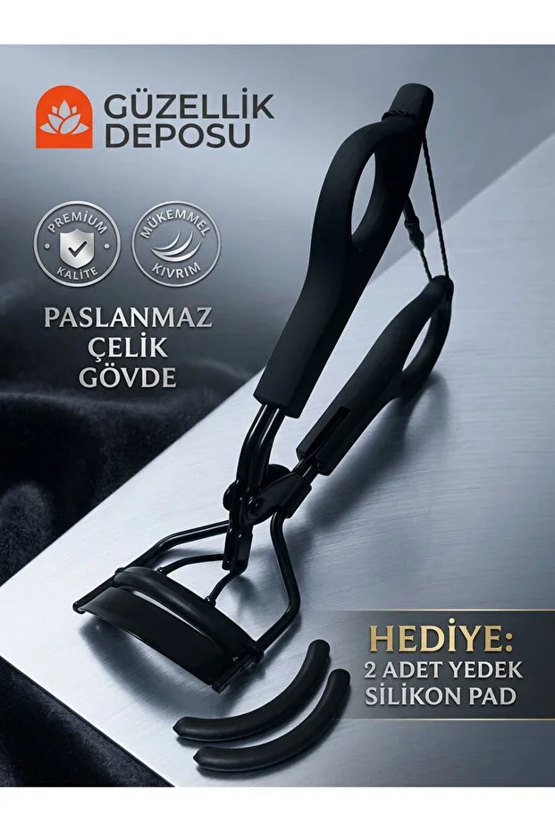 Premium Matte Black Eyelash Curler - Stainless Steel Eyelash Shaper + 2 Replacement Silicone Pads Gift