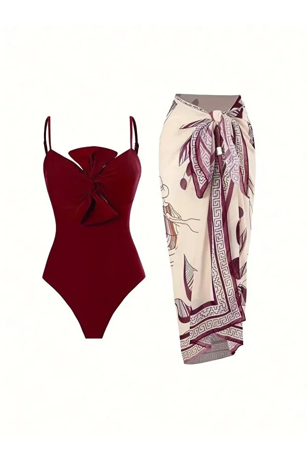 French Inspired Vintage Two-Piece Pareo Set Strapless Swimsuit, Bow Detail Removable Pads