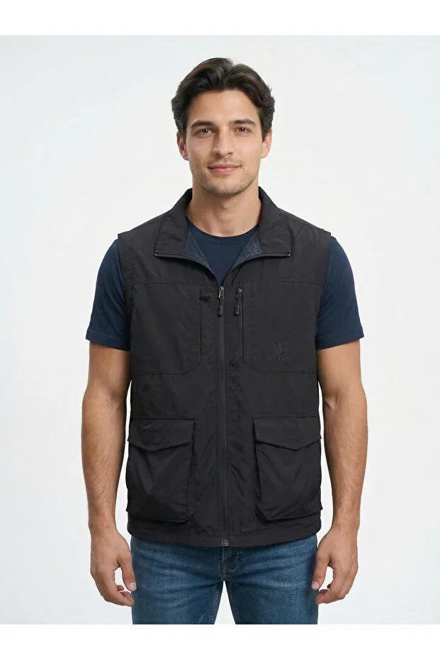Men's Black Outdoor Softshell Waterproof Cargo Pocket Vest Slim Fit