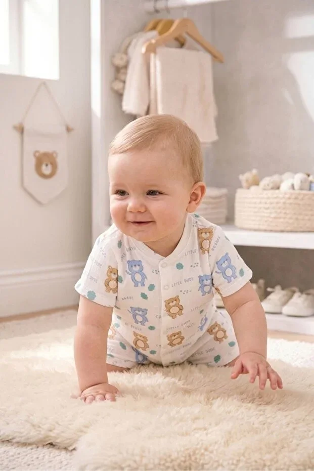 3-6-9 MONTH SHORT SLEEVE 100% COTTON LITTLE BRAVE TEDDY BEAR PRINTED REPORTED OVERALL UNISEX BABY&CHILD