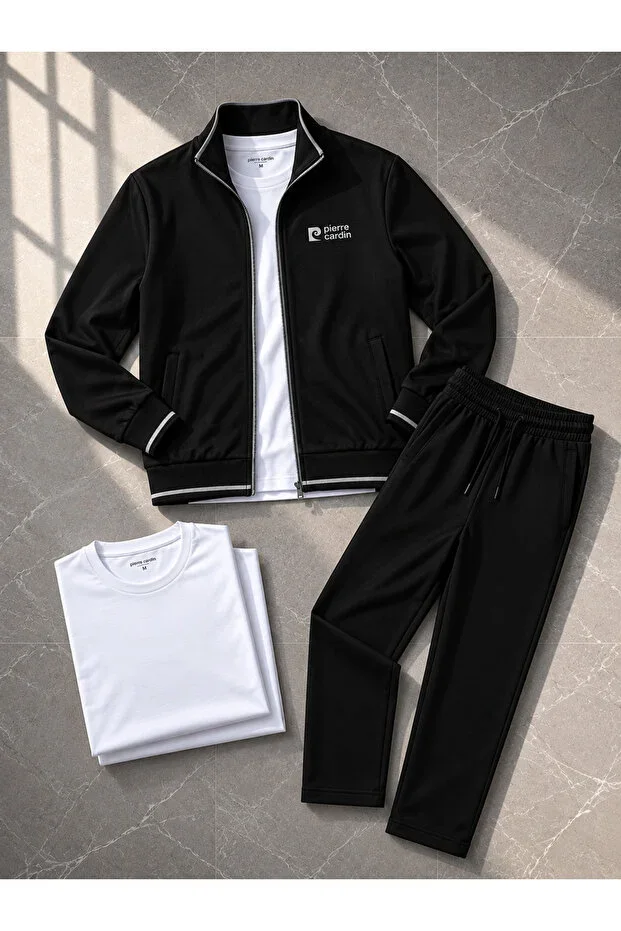 Black Tracksuit & White Basic T-shirt Men's Two-Piece Combo Set