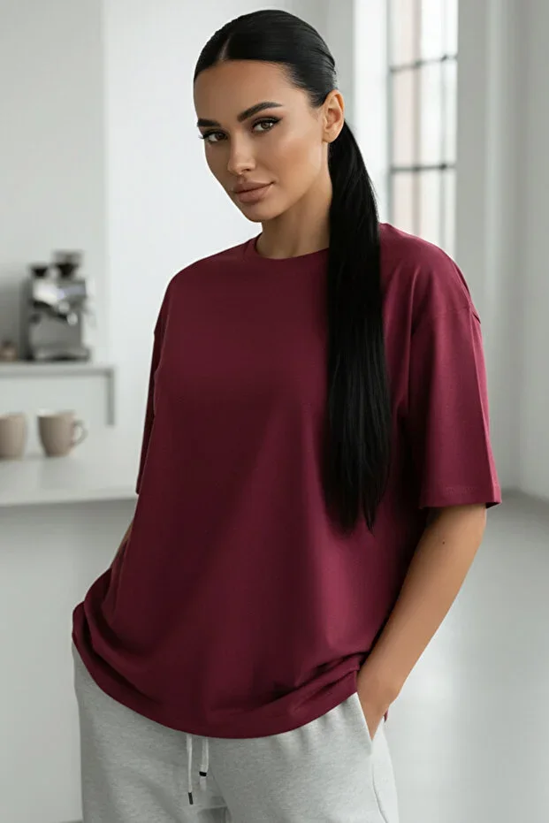 Teenage Millionaire Women's Burgundy Basic Plain Unprinted Oversize Loose T-Shirt