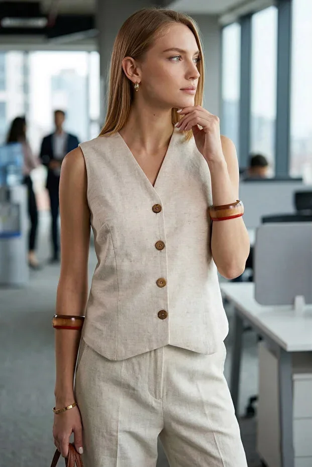 Women's Ecru V-Neck Fitted Linen-Look Lined Vest ARM-24Y001111