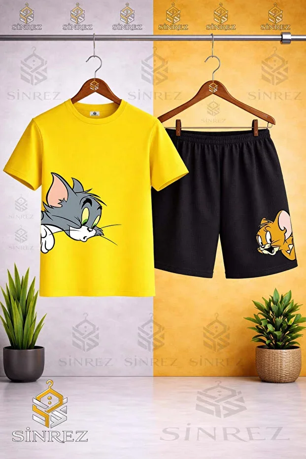 Kids CAT MOUSE TM JRY HEADS SIDE Special Print Round Neck T-shirt - Shorts Set