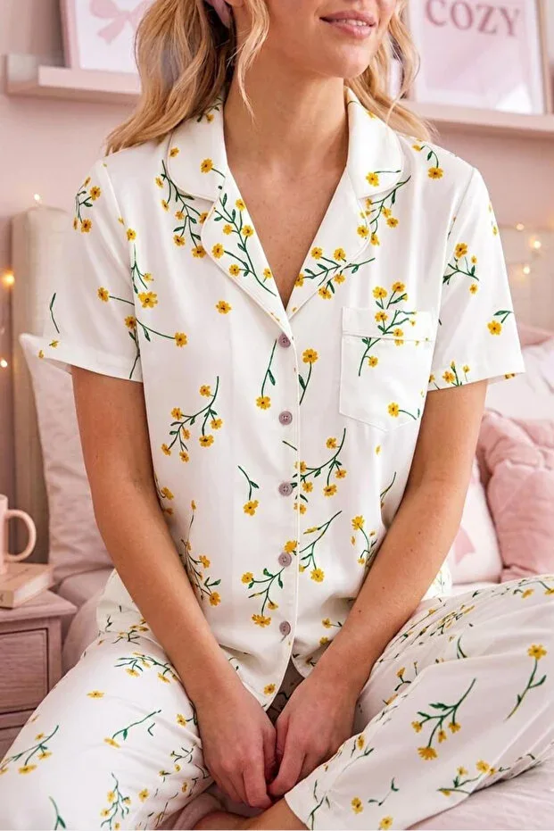 Floral Print Crinkle Fabric Short Sleeve Pajama Set 6067