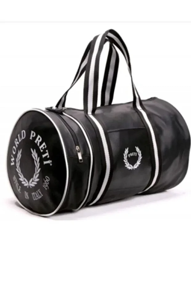 Unisex Black Faux Leather Cylinder Sports Bag