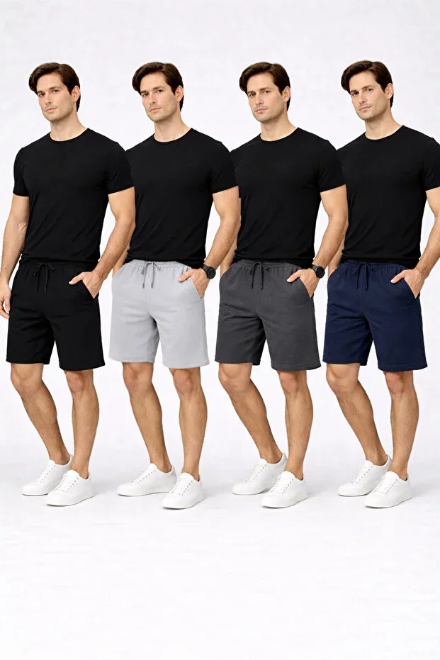 Men's Shorts 4-Piece Set Black Grey Charcoal Navy – Cotton Comfortable Fit Basic Daily Shorts