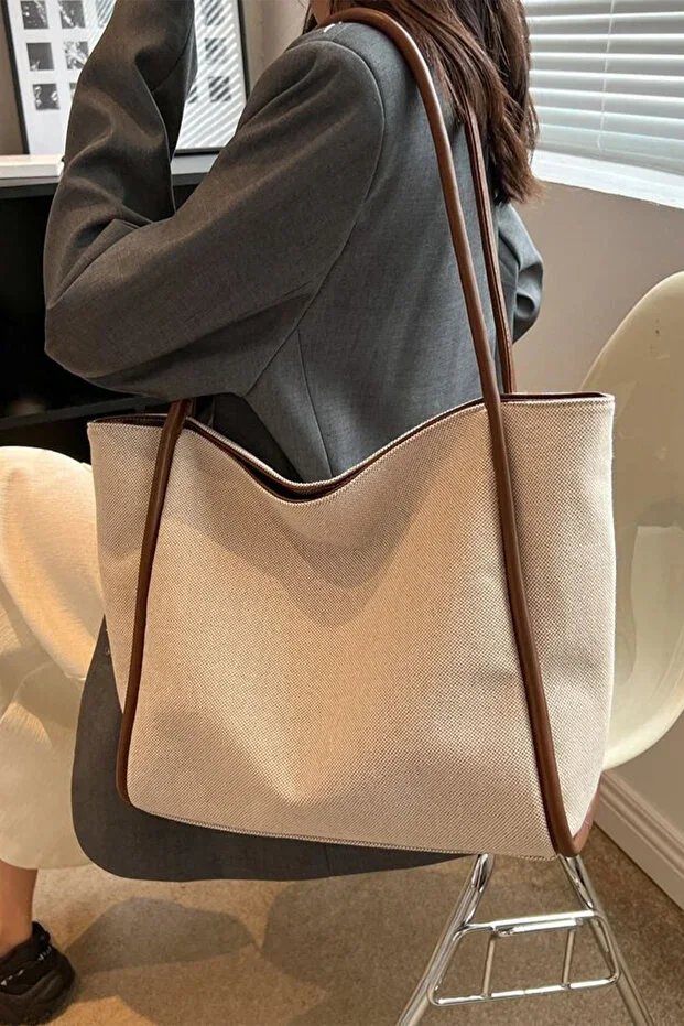 Coffee Detailed Strappy Canvas Shoulder Bag