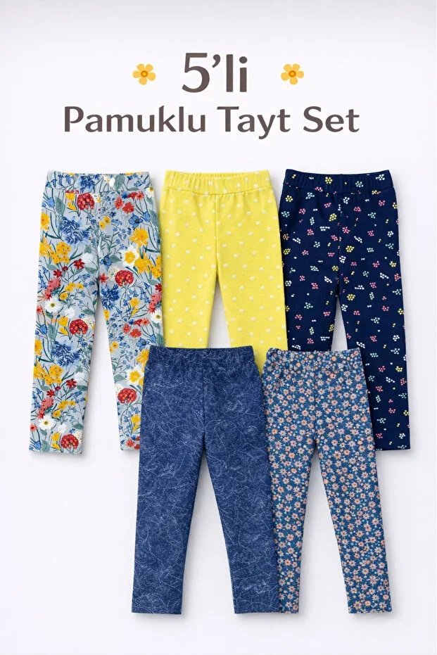 Girls' 5-Piece Set Colorful Cotton and Lycra Summer Long Leggings