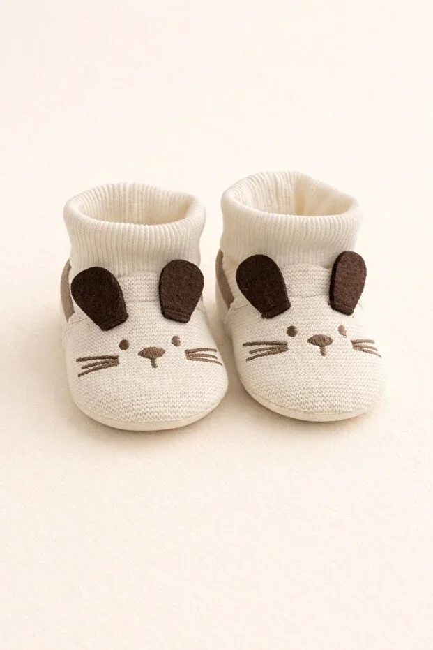Ecru Color Soft Socks Knitted Booties Baby Booties First Step, Non-Slip Sole Slippers