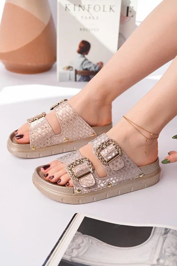 GLİTZA Shiny Textured Double Buckle Daily Women's Slippers